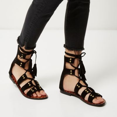 Black studded lace-up sandals